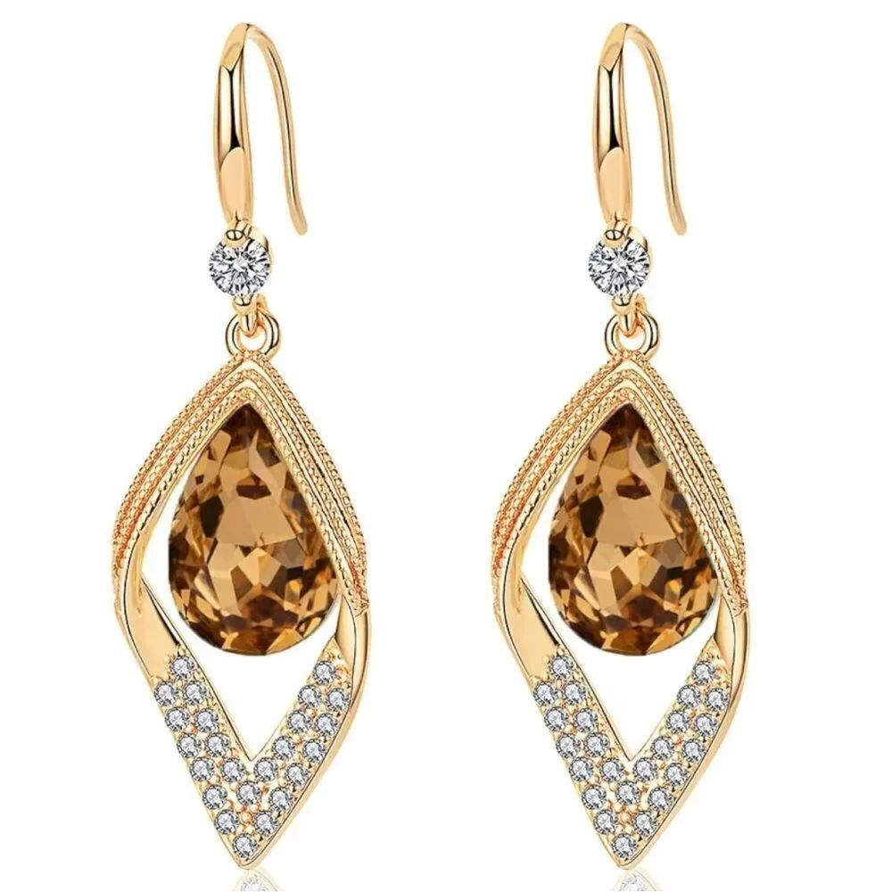 14K Yellow Gold and Champagne Topaz Austrian Crystal Halo Leaf Teardrop Earrings